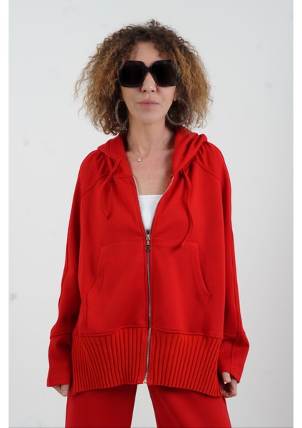 Kırmızı Fermuarlı Modal Sweatshirt Bol Paça Pantolon Takım fırsatları