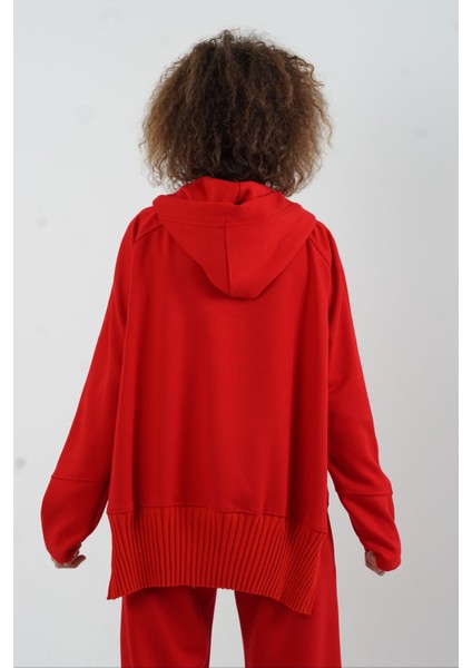 Kırmızı Fermuarlı Modal Sweatshirt Bol Paça Pantolon Takım indirimleri