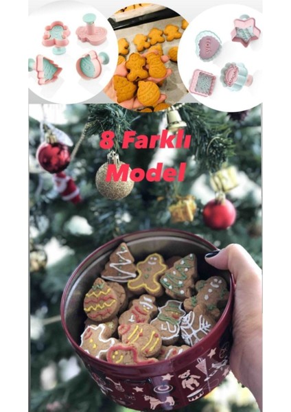 Yılbaşı Temalı 8'li Kurabiye Kalıp Seti, Çam Ağacı ve Gingerbreadman Deseni, Plastik modelleri