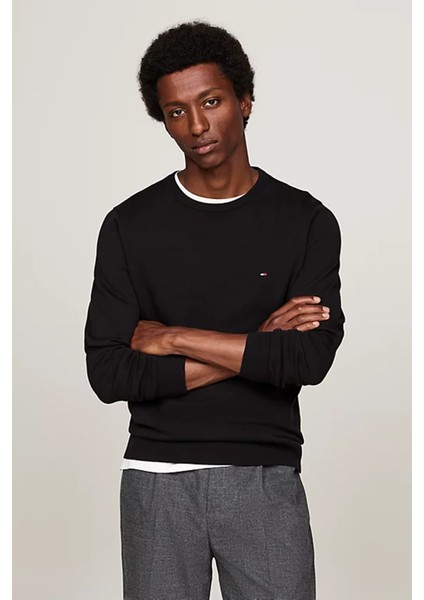 Erkek Yuvarlak Yaka Cotton Crew Neck Kazak - Siyah