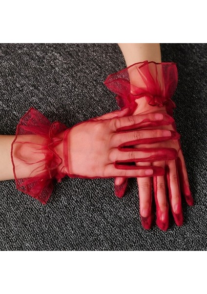 Kısa Boy Likralı Güpürlü Yetişkin Tül Eldiven Kırmızı Renk modelleri
