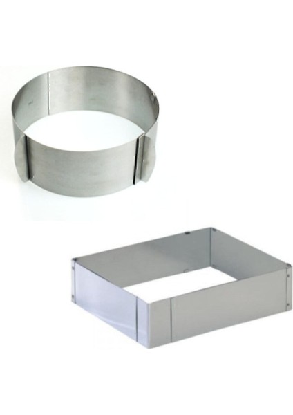 Paslanmaz Çelik Ayarlanabilir Pasta Çemberi, Yuvarlak ve Kare, 8 cm, Ikili Set