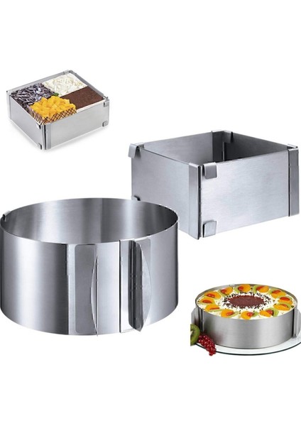 Paslanmaz Çelik Ayarlanabilir Pasta Çemberi, Yuvarlak ve Kare, 8 cm, Ikili Set fiyatları