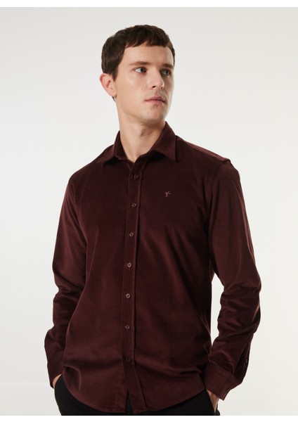 Regular Fit Gömlek Yaka Çizgili Bordo Erkek Gömlek FC4WM-GML 2594