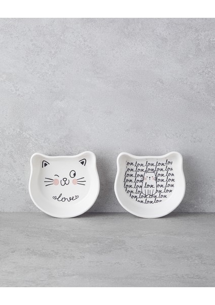 English Home Mingle Cats Seramik 2'li Kase 14 cm Beyaz