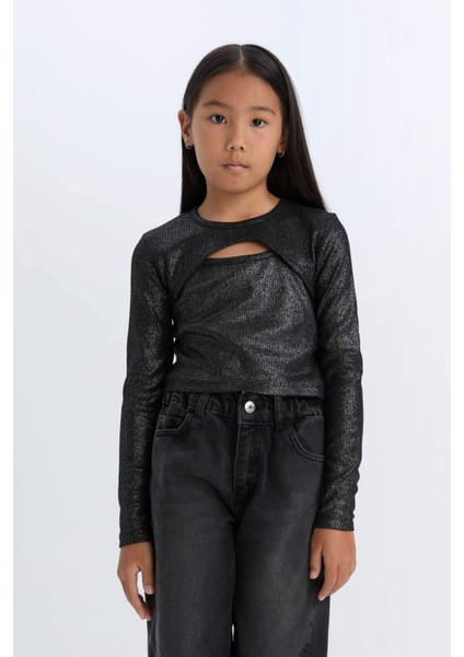 Kız Çocuk Slim Fit Dar Kesim Bisiklet Yaka Parlak Kumaş Fitilli Kaşkorse Uzun Kollu Tişört D5419A824WN