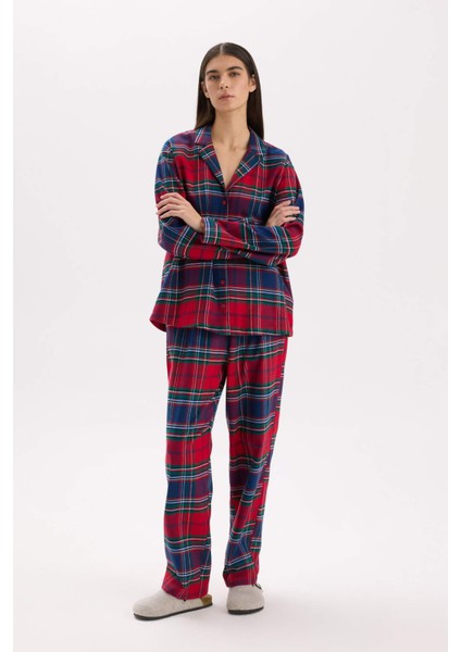 Fall in Love Pijama Takımı Kareli Flanel Uzun Kollu Üst Esnek Belli Uzun Alt V4015AZ24WN