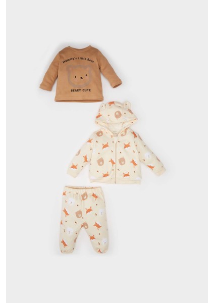 Erkek Bebek 3'lü Takım Ayı Baskılı Bisiklet Yaka Sweatshirt Kapüşonlu Hırka Beli Lastikli Alt D6022A524WN