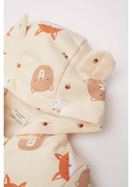 Erkek Bebek 3'lü Takım Ayı Baskılı Bisiklet Yaka Sweatshirt Kapüşonlu Hırka Beli Lastikli Alt D6022A524WN