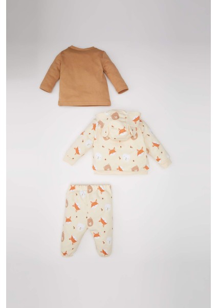 Erkek Bebek 3'lü Takım Ayı Baskılı Bisiklet Yaka Sweatshirt Kapüşonlu Hırka Beli Lastikli Alt D6022A524WN