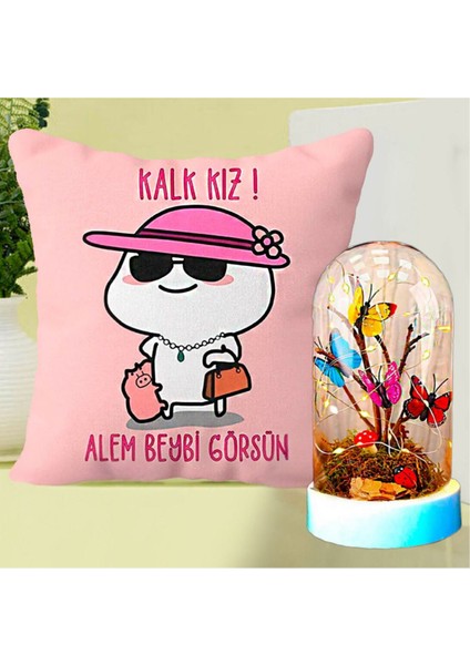 Kalk Kız Alem Beybi Görsün Yastık & Işıklı Kelebek Buketi Teraryum Fanus