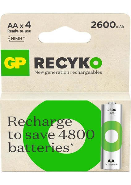 Batteries Recyko 2600 Aa Kalem Ni-Mh Şarjlı Pil, 1.2 Volt, 4'lü Kart