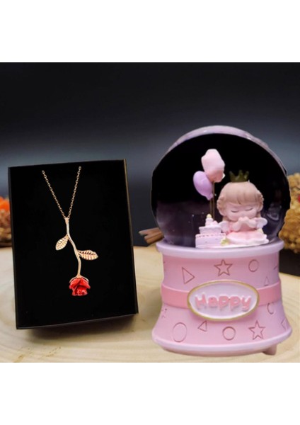 Prenses Doğum Günü Işıklı Müzikli Kar Küresi & Gold Rose Gül Kolye