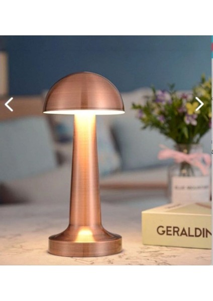 Masa Üstü Lamba - Ledli Masa Lambası - Şarjlı Mantar Gece Lambası LED Abajur - Bronz Renk - 25CM