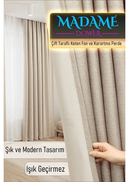 Pilesiz Çift Taraflı Keten Fon ve Karartma Perde,v3 Bej , Işık Geçirmez Kırışmaz Güneşlik,kolay Montaj