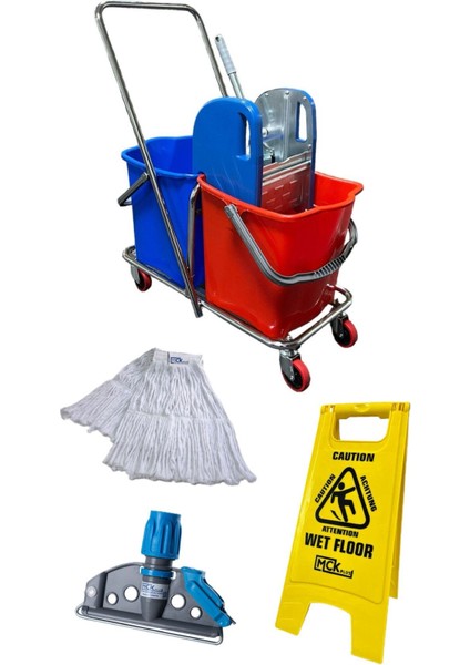 Tekno Trust Çift Kovalı Paspas Arabası Krom Çelik Presli Temizlik Arabası Islak Mop Setli Kaygan Zemin Levhalı