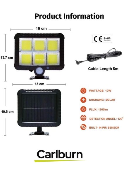 Su Geçirmez Uzun Ömürlü 12W Aydnlatma 5 Metre Mesafeli 3 Modlu Hareket Sensörlü Solar Lamba