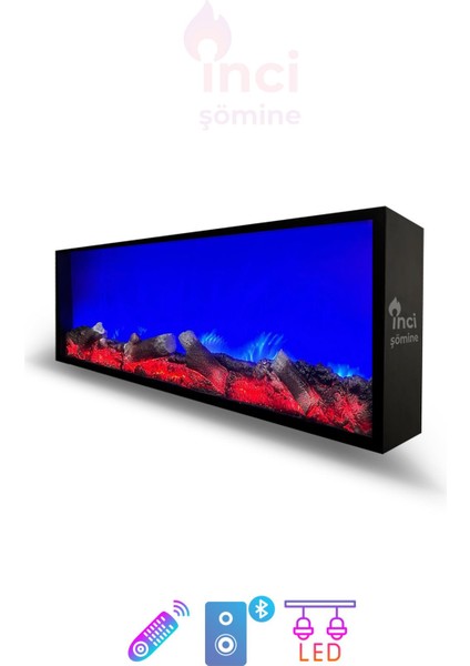 Kumandalı Dekoratif Şömine - 120X35X15 cm - Elektrikli, Bluetooth, Hoparlör ve Farklı Renk Modu