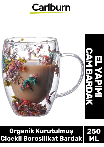 Özel El Yapımı Sıcak Soğuk Dayanıklı Süslü Organik Çiçekli Borosilikat Cam Handmade Bardak 250ML