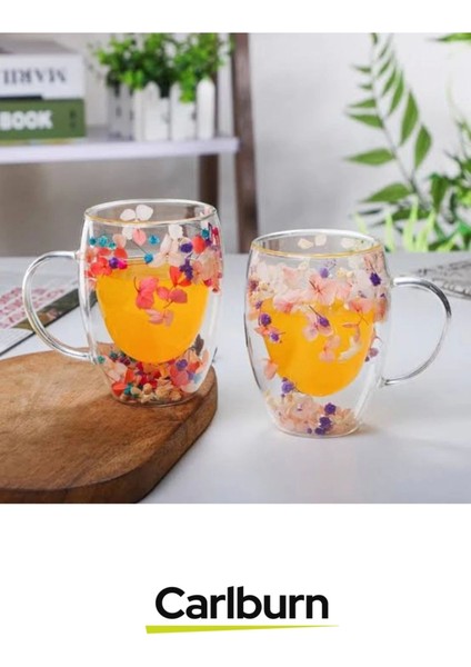 Özel El Yapımı Sıcak Soğuk Dayanıklı Süslü Organik Çiçekli Borosilikat Cam Handmade Bardak 250ML