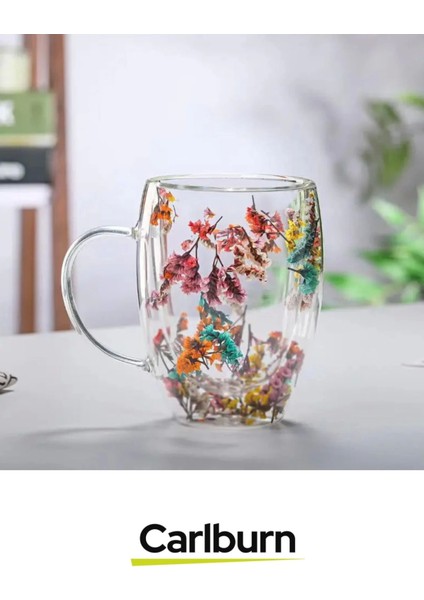Özel El Yapımı Sıcak Soğuk Dayanıklı Süslü Organik Çiçekli Borosilikat Cam Handmade Bardak 250ML
