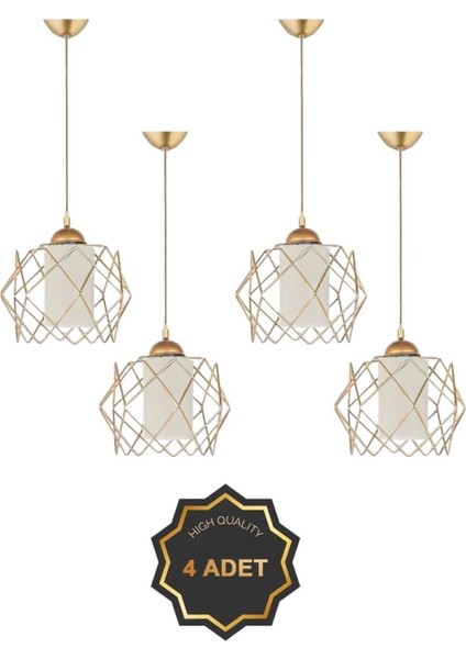 Şık Beyaz Mika Camlı Gold Sarkıt Avize, 4 ampul, Metal, Rustik, Salon, Mutfak, Banyo, Yatak Odası