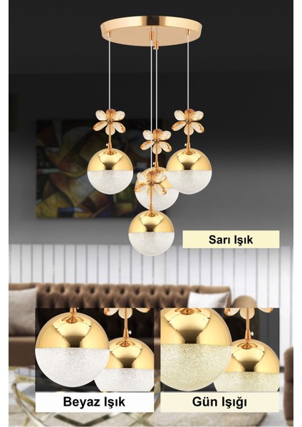 Kelebek 4'lü Gold 3 Renk Kademeli Sarkıt Ledli Kristal Taşlı Avize