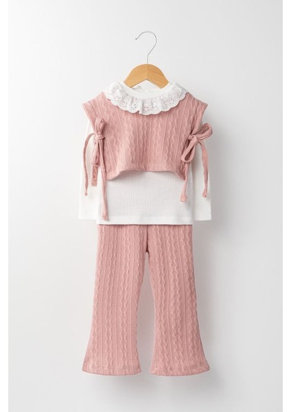 Triko Cepkenli Kız Çocuk 3 lü takım - Pembe