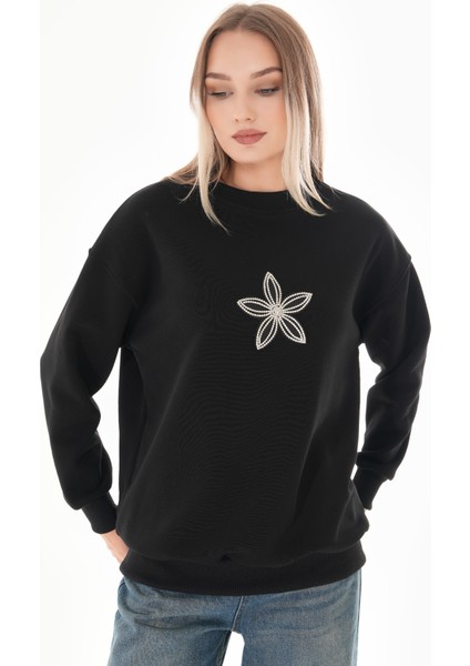 Taş Çiçek Detaylı Siyah Sweatshirt