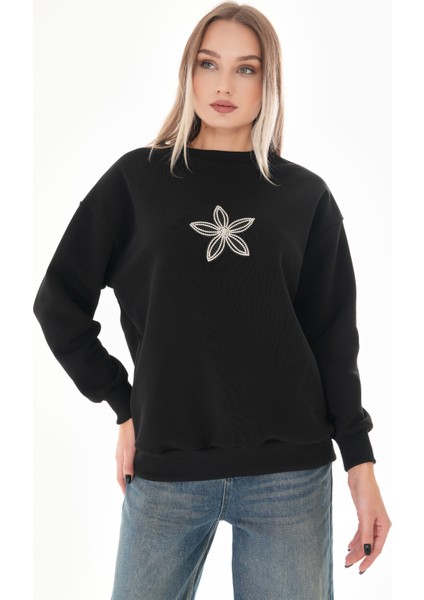 Taş Çiçek Detaylı Siyah Sweatshirt