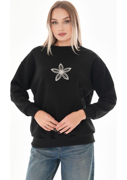 Taş Çiçek Detaylı Siyah Sweatshirt