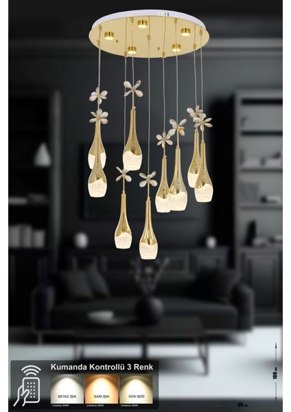 Lale 9'lu Power Ledli Kumandalı Modern Lüks Sarkıt Avize, 3 Renk: Sarı-Beyaz-Gün Işığı - Gold