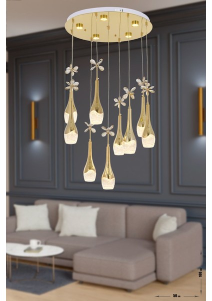 Lale 9'lu Power Ledli Kumandalı Modern Lüks Sarkıt Avize, 3 Renk: Sarı-Beyaz-Gün Işığı - Gold
