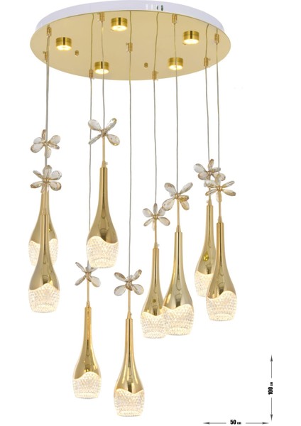 Lale 9'lu Power Ledli Kumandalı Modern Lüks Sarkıt Avize, 3 Renk: Sarı-Beyaz-Gün Işığı - Gold