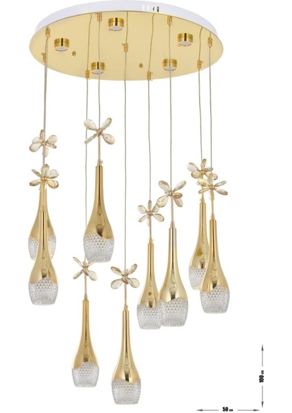 Lale 9'lu Power Ledli Kumandalı Modern Lüks Sarkıt Avize, 3 Renk: Sarı-Beyaz-Gün Işığı - Gold