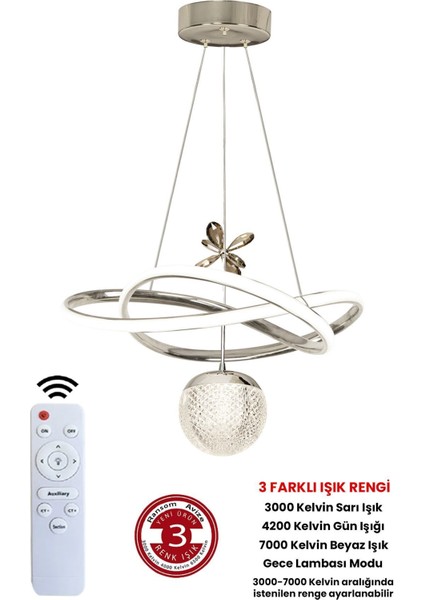 3 Renk Toplu Kumandalı Krom Gümüş Dimmerli LED Avize Büyük Yıldız Ledli Avize
