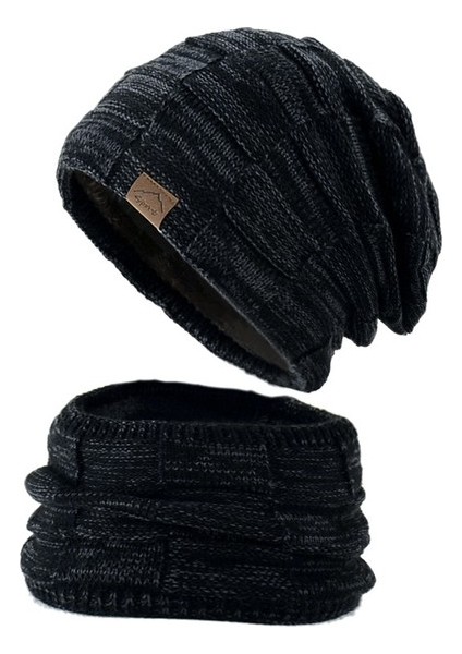 Çift Örme Yün Şapka Eşarp Iki Parçalı Kış Sıcak Önlük Yün Şapka Seti (Yurt Dışından)