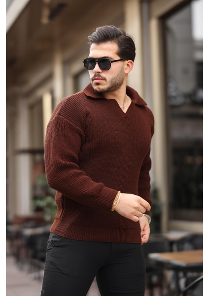 Oversize Gömlek Yaka Selanik Örgülü Erkek Triko Kazak - Kahve