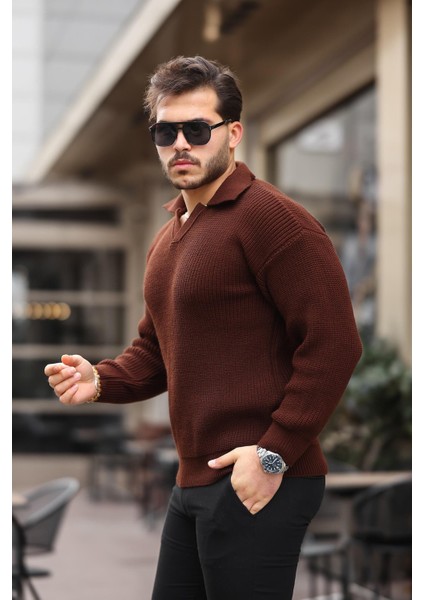 Oversize Gömlek Yaka Selanik Örgülü Erkek Triko Kazak - Kahve modelleri