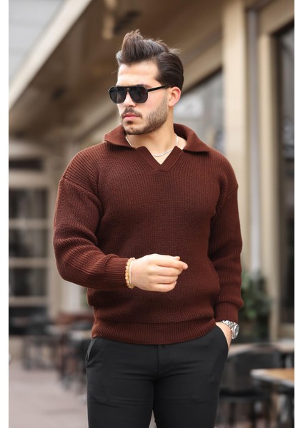 Oversize Gömlek Yaka Selanik Örgülü Erkek Triko Kazak - Kahve fırsatları