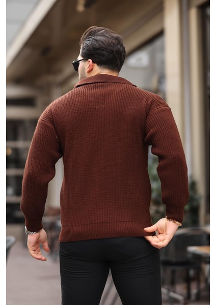 Oversize Gömlek Yaka Selanik Örgülü Erkek Triko Kazak - Kahve indirimleri