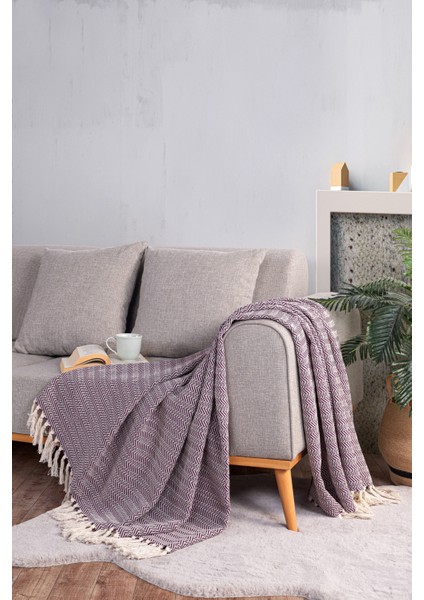 Pamuklu Alder Ekru Mor Koltuk Şalı - 130X170 cm fiyatları