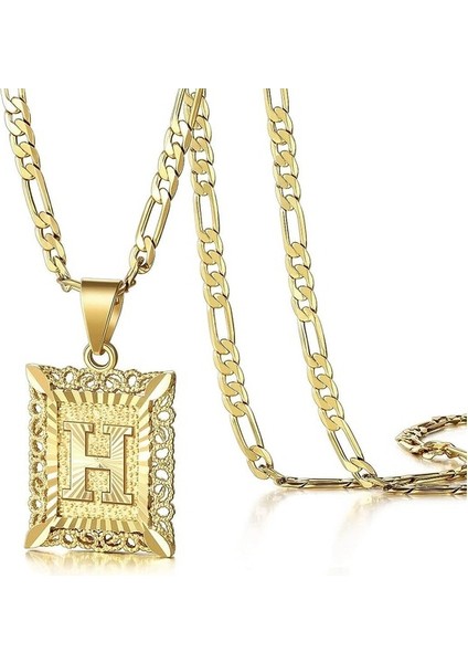 Ilk Harfli Erkek Kolye Kolye, 18 Ayar Altın Kaplama Kare Büyük Monogram Kolye A'dan Z'ye Alhpabets Figaro Zincir Kolye (Yurt Dışından)