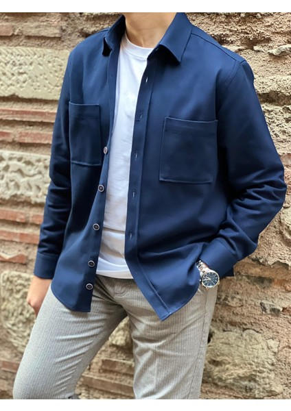 Oversize Gabardin Pamuklu Hediye Kutulu Erkek Gömlek Ceket (Code: H.9942 Lux Gabardin) - Lacivert