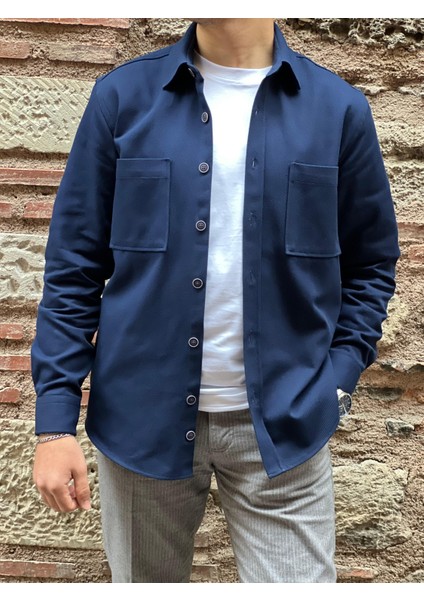 Oversize Gabardin Pamuklu Hediye Kutulu Erkek Gömlek Ceket (Code: H.9942 Lux Gabardin) - Lacivert modelleri
