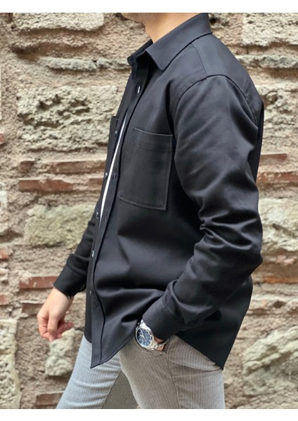 Oversize Gabardin Pamuklu Hediye Kutulu Erkek Gömlek Ceket (Code: H.9942 Lux Gabardin) - Siyah