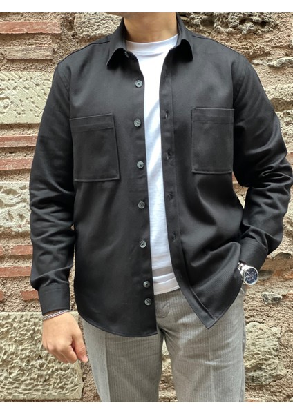 Oversize Gabardin Pamuklu Hediye Kutulu Erkek Gömlek Ceket (Code: H.9942 Lux Gabardin) - Siyah