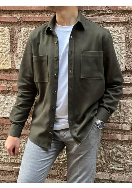 Oversize Gabardin Pamuklu Hediye Kutulu Erkek Gömlek Ceket (Code: H.9942 Lux Gabardin) - Haki