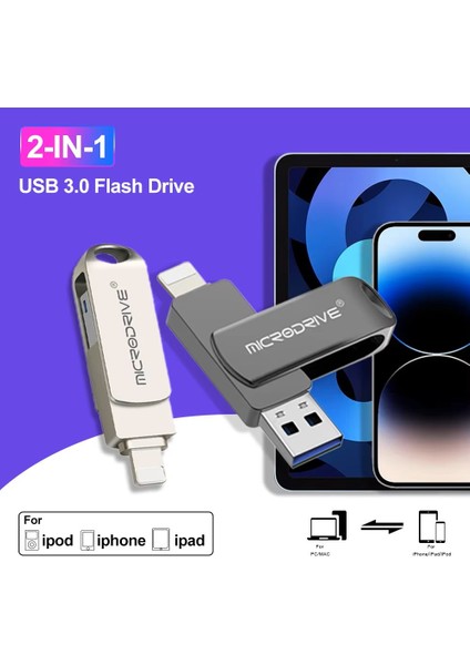 İphone Uyumlu 128 Gb / 64 Gb Lightning ve Usb 3.0 Flash Bellek Otg Çift Giriş Hızlı Premium (MicroDrive)