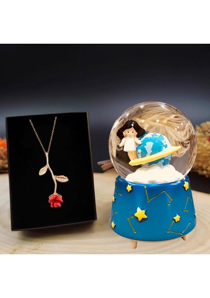 Satürn Kız Kar Küresi Hediye & Gold Rose Gül Kolye